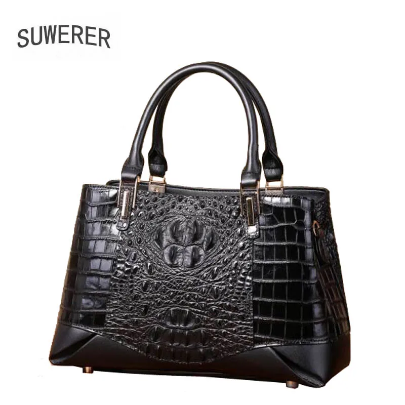 

SUWERER New women leather handbag Superior cowhide Crocodile pattern bags women Genuine Leather bags tote women famous brand