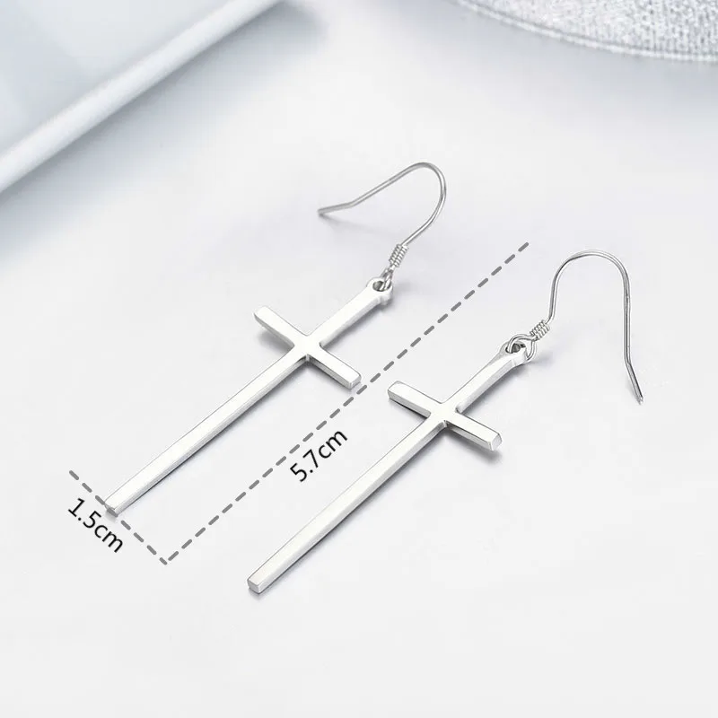 Real 925 Sterling Silver Long Cross Drop Dangle Hook Earrings For Women Girls Jewelry Gift Pendientes Aros Oorbellen Orecchini