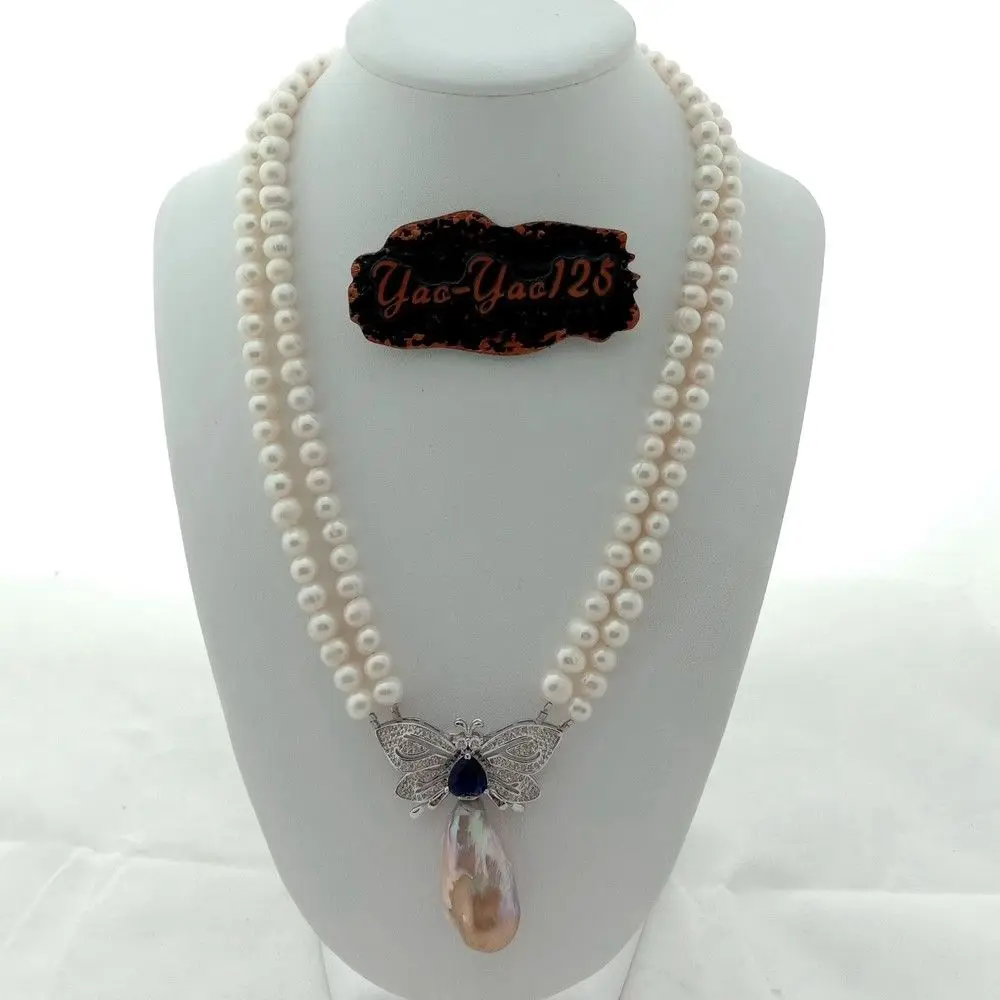 

20'' 2 Rows White Pearl Necklace CZ Keshi Pearl Pendant