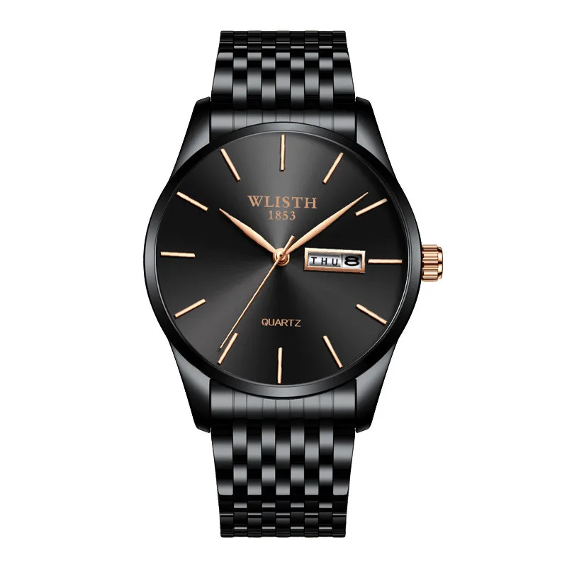 Мужские часы, роскошные брендовые тонкие водонепроницаемые часы из нержавеющей стали, Модные Аналоговые кварцевые деловые мужские наручные часы с календарем - Цвет: steel black