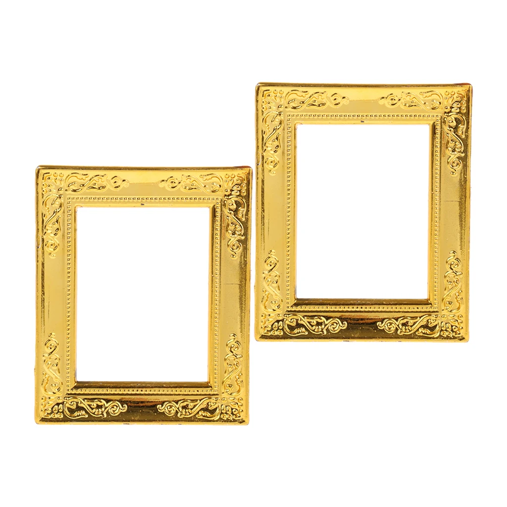 2Pieces 1/12 Scale Gold Photo Frame Rahmen Dollhouse Miniature Rooms Wall Decor
