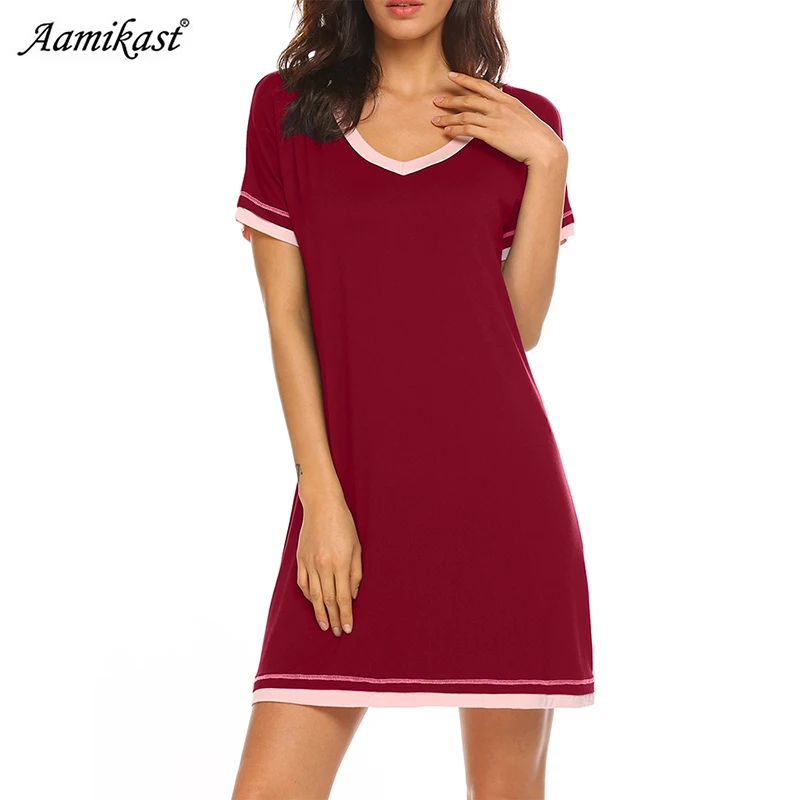Aamikast, летняя женская ночная рубашка, пэчворк, повседневная, ночная рубашка, v-образный вырез, ночная рубашка, короткий рукав, свободная, женская одежда для сна, сорочка, платье - Цвет: Wine red