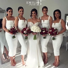 Sheath Spaghetti Strap Boat Neck White Satin Cutout Unique Design Tea Length Bridesmaid Dress 2017 Wedding Party Dresses