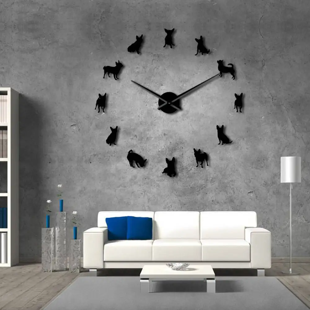 Чихуахуа 3D DIY гигантские акриловые зеркальные настенные часы порода собак Pet Shop комплект украшения часы щенок Мопс животные креативное шоу
