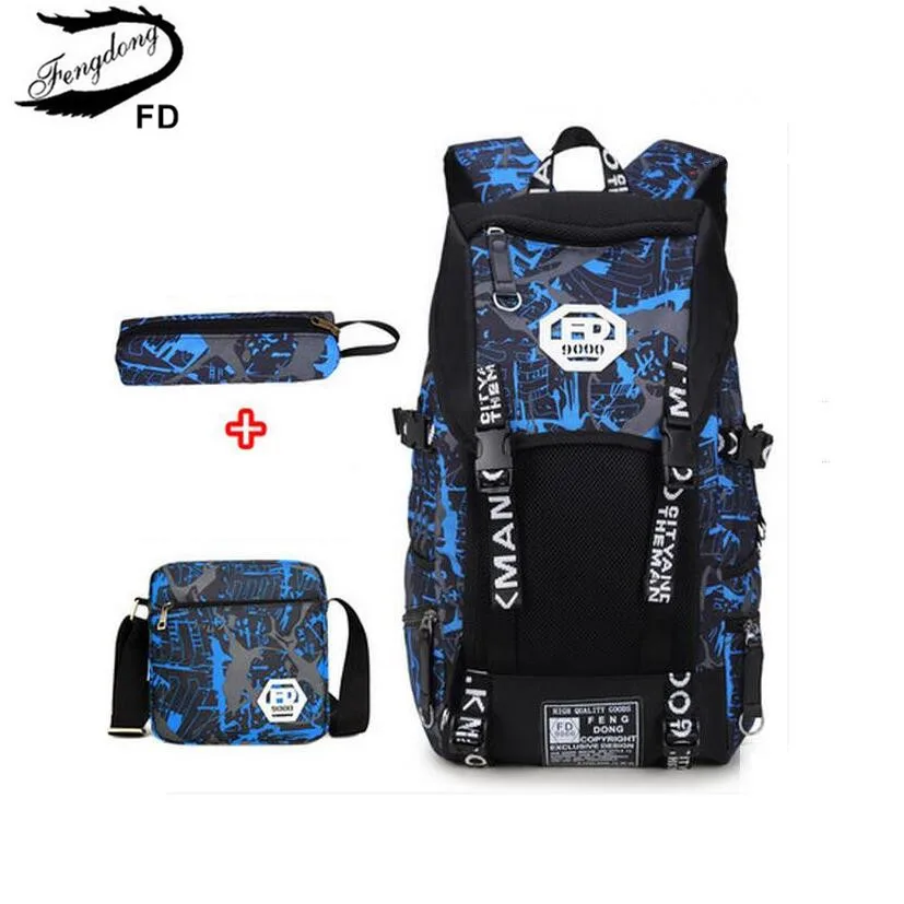 FengDong 3 pcs big size black waterproof backpack men school bag set
