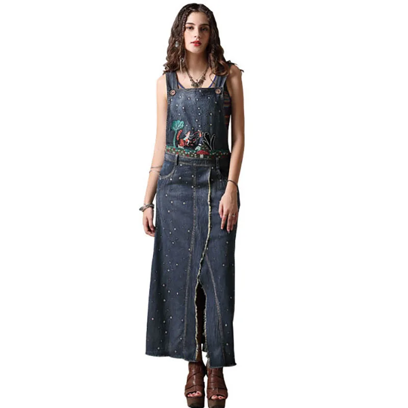 Jeans mollet Fendue Mi Longue Robes Vintage Mode Été Bleu Gaine Courroie Femmes De Robe Broderie Filles A0106 Denim n8m0vNw