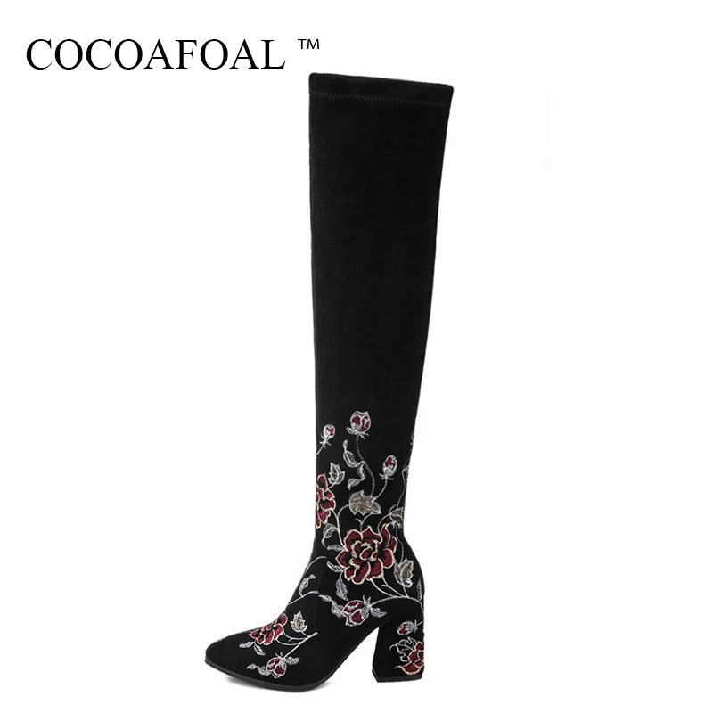 

COCOAFOAL Fashion Embroider Over The Knee Boots Women's Black High Heeled Shoes Plus Size 33 40 Winter Chelsea Thigh High Boots