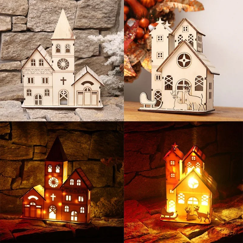 

Wood Color Multi Pattern Night Light Light Wooden House Glowing Ornaments LED Christmas Church New Year Party Supplies Lamp