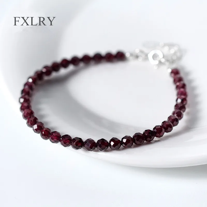 

FXLRY Hot Selling Fine Jewelry S925 Sterling Silver 4MM Natural Cute Red Garnet Stone Chain Bracelets For Fashion Women