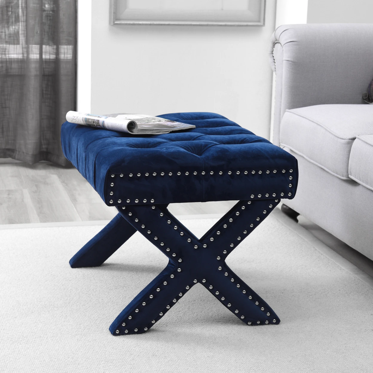Emma Velvet Button Tufted Ottoman -  X-Legs | Silver Nailhead Trim | Modern & Functional by Inspired Home