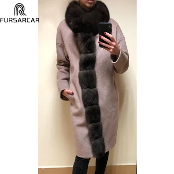 

FURSARCAR Real Silver Fox Fur Coat Luxury Big Fox Fur Collar Fur Coat Thick Long Fur Coat 2019 Fashion New Style Women Cashmere