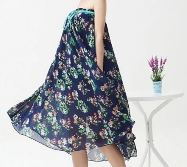 Новая летняя длинная Макси-юбка из шифона с большим подолом для женщин Boho эластичный Цветочный Пояс двухслойная розовая юбка - Цвет: deep blue
