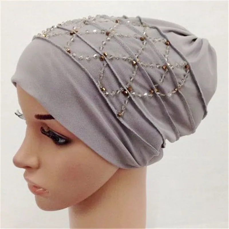 Fashion Muslim Caps Hijab Inner Hijabs Net yarn Beaded Arab Shawls