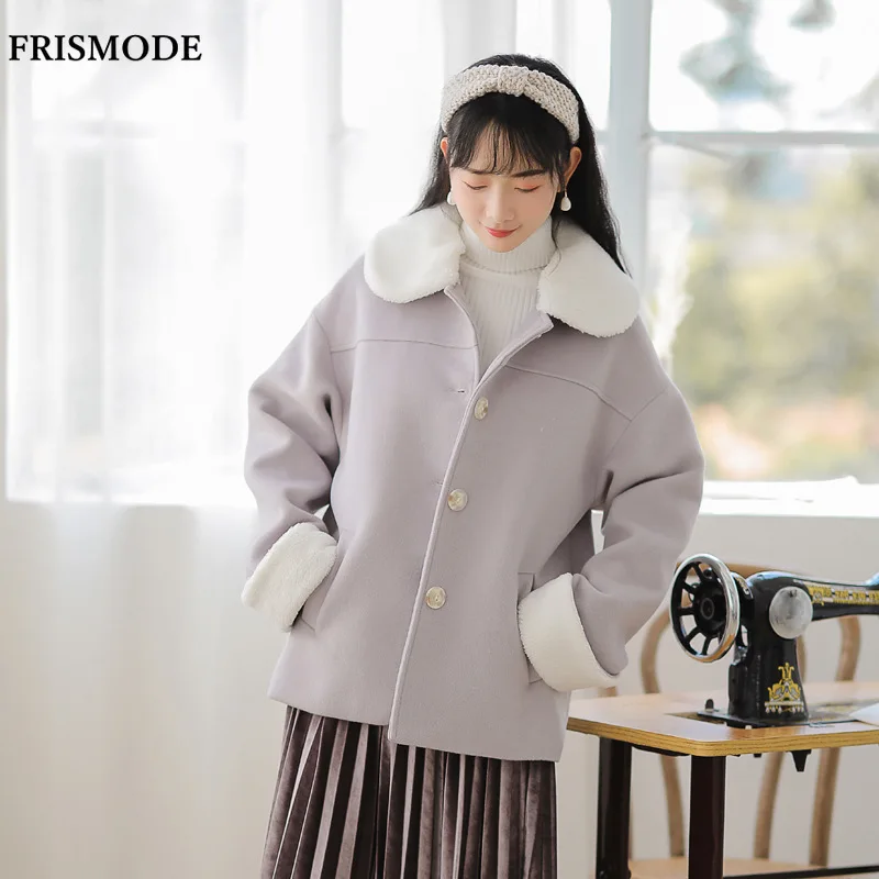 Peter pan Fleece Collar Long Sleeve Single Breasted Loose Thick Woolen Coat 2018 Winter Women Sweet Purple Wool Outwear Coats | Женская