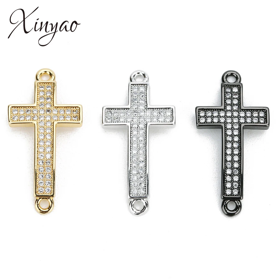 

XINYAO 1Pcs/lot Micro Pave Crystal Cross Pendant Connector 15x20mm Gold Gunblack Color Bracelet Charms Connector Diy Jewelry