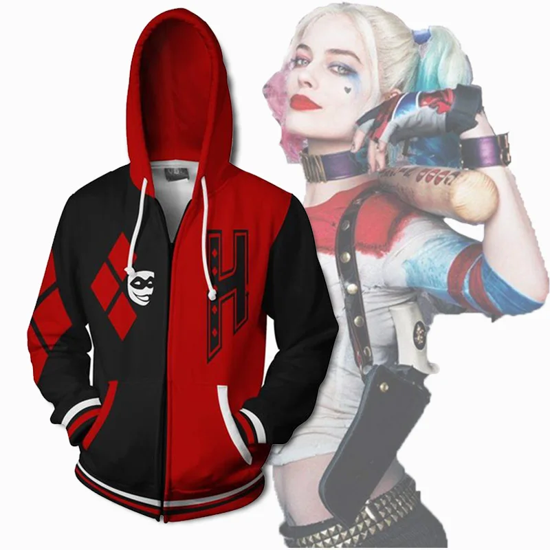 Suicide Squad Cosplay Costume Hoodie Zipper Print Coat Jacket Spring/Autumn Women Halloween Harley Quinn Sweatshirts Zipper Coat