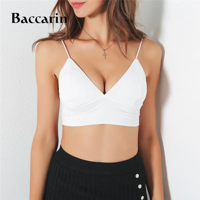 

2019 Women's Deep V Exposed Umbilical Solid Color Camis White Small Harness Short Tops Femine