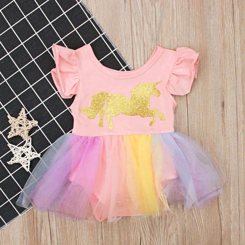 Toddler Girls Unicorn Dress Baby Girls Rainbow Colors Tulle Dress with Unicorn Lovely Kids Sundress for Unicorn Party