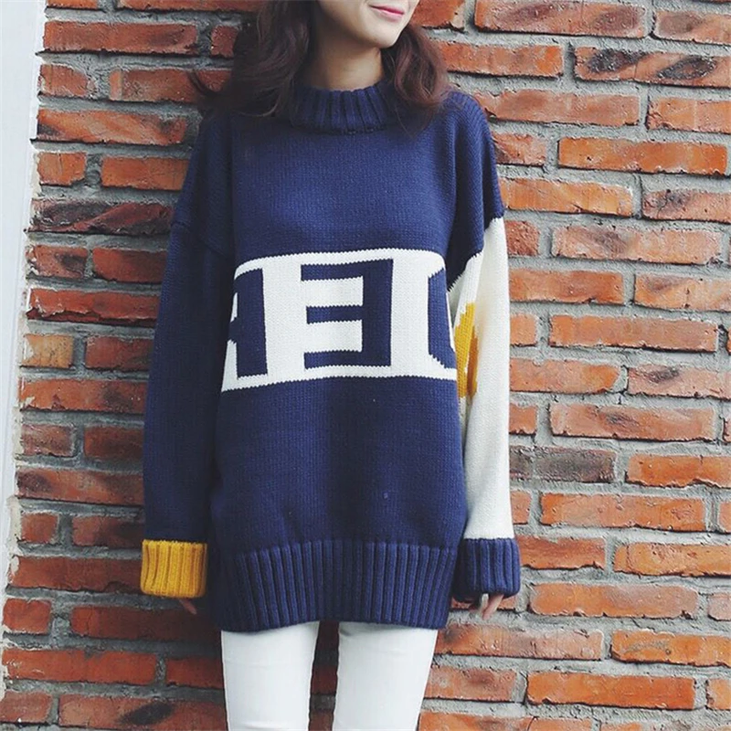 

OllyMurs Women Knitted Sweater Autumn Winter Loose Warm Sweater Korean Style Contrast color Female Tops Pullover Thick Knitwear