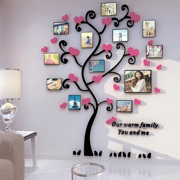 Горячая 3D акриловые настенные наклейки любовь сердце фоторамка дерево наклейки для входа в гостиную ТВ диван фон настенная живопись
