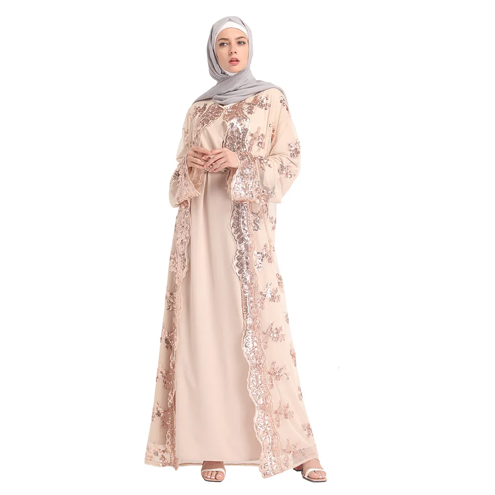 Новое мусульманское женское платье Средний Восток мусульманские женщины темперамент блесток кружева кардиган платье Мода Турецкий Lslamic