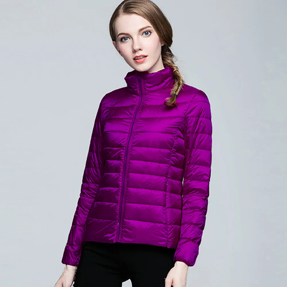 Зимний женский ультра легкий пуховик, 90% утиный пух, куртки, пальто для женщин, тонкий, длинный рукав, теплая парка, на молнии, пальто с карманами - Цвет: Purple