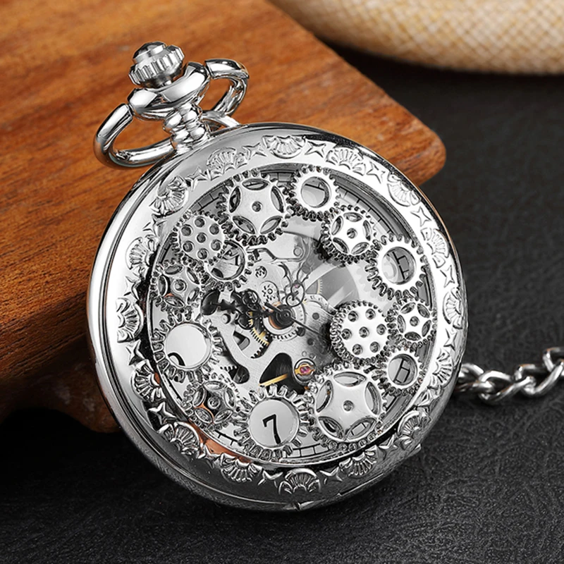 Mens Mechanical Pocket Watch Vintage Skeleton Hand Wind Clock Steampunk Flip Case Necklace Women Gift Box | Наручные часы