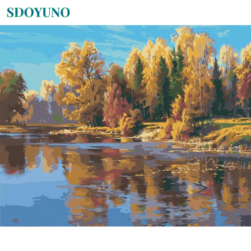 

SDOYUNO 60x75cm Painting By Numbers Trees and streams DIY GIft Home Decor Framed Room Decoration Coloring By Numbers For Adults