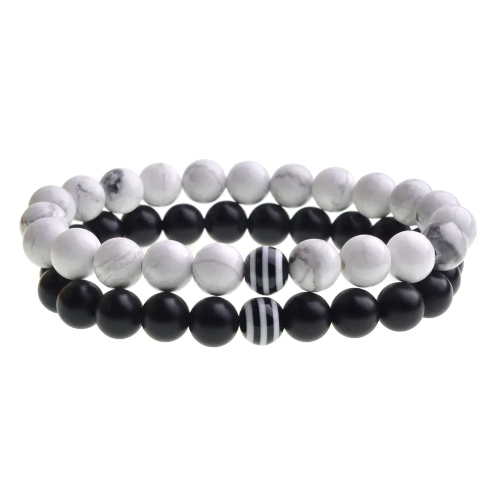 2pcs Couples Balance Jewelry Classic Black & White 8MM Natural Stone Beads Strand Distance Bracelets Lava Man Woman Gift