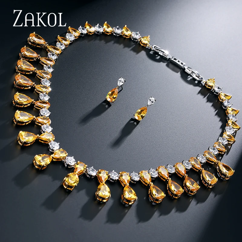 ZAKOL 4 Color Trendy Water Drop AAA CZ Diamond Wedding Jewelry Set 18k Gold Plated For