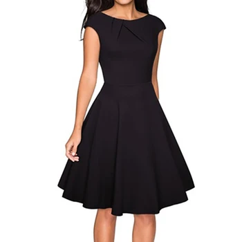 

Women Vintage Black Dress Female Back Zipper Short Sleeve O-neck Big swing A-Line Dress S-2XL