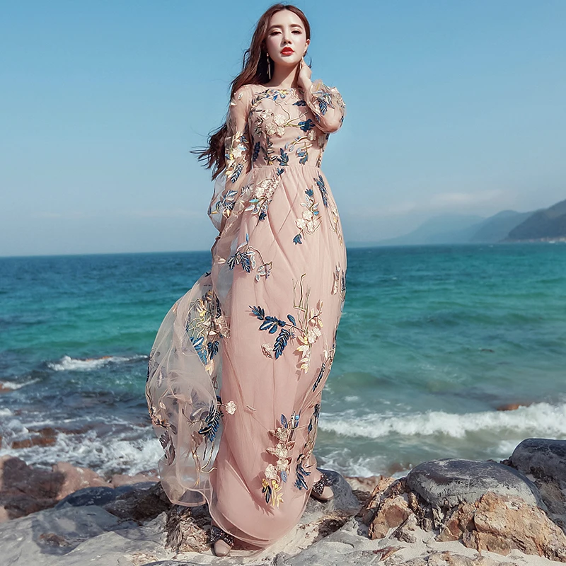 

Vintage Mexican Dress Women Spring Summer Embroidered Mesh Long Dress Boho People 2018 High Quality Designer Runway Dress Y1167