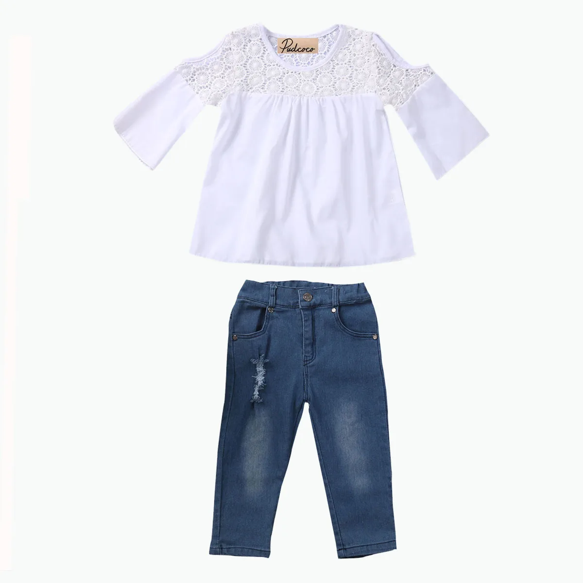 2OCS Newest Toddler Baby Kids Girls Summer Lace Tops White T Shirt+Blue