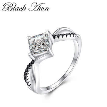 

[BLACK AWN] Genuine 100% Sterling 925 Silver Jewelry Square Engagement Rings for Women Black&White Stone Bague Bijoux C260