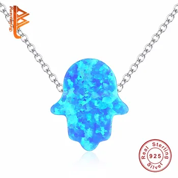 

BELAWANG Fashion Blue Opal Crystal Pendant Necklace for Women Solid 925 Sterling Silver Long Chain Necklace Christmas Jewelry