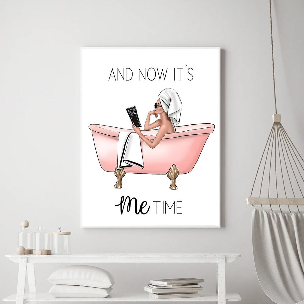 

Nordic Pink Women Reading Bathtub Wall Art Llama Canvas Oil Painting Pictures Posters And Prints For Living Room Home For Decor