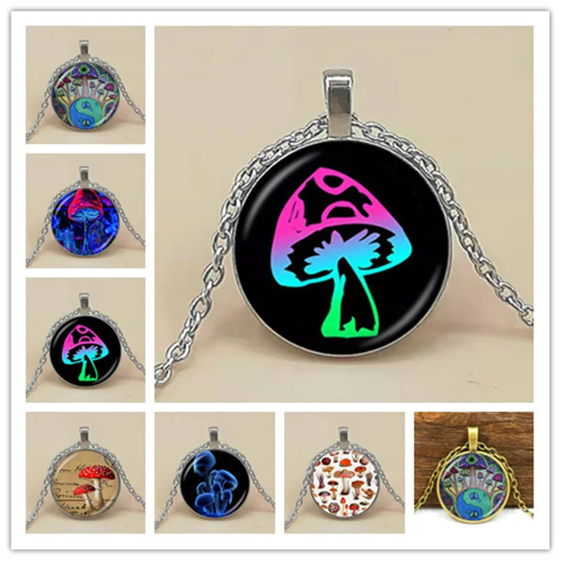 

Psychedelic Mushroom Necklace Botanical Art Pendant Natural Woodland Hippie Jewelry Glass Cabochon Locket Silver Choker