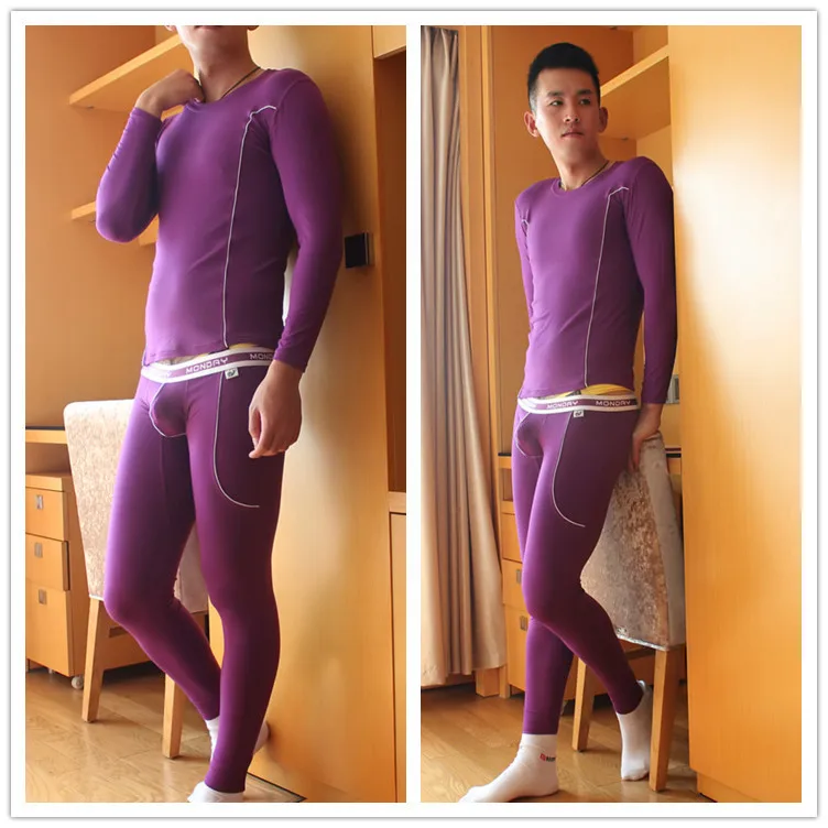 Wangjiang, термобелье для мужчин, длинный Джон, набор, бамбуковое волокно, одежда для сна, мужские облегающие пижамы, рубашка с длинным рукавом, Топы+ штаны с мешочком - Цвет: Фиолетовый