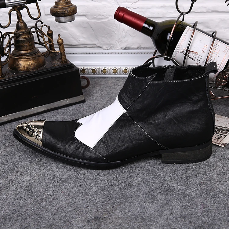 Luxury Brand Italian Leather Shoes Man Pointed Toe Metal Tip Burgundy Dress Wedding Shoes Studded Boots