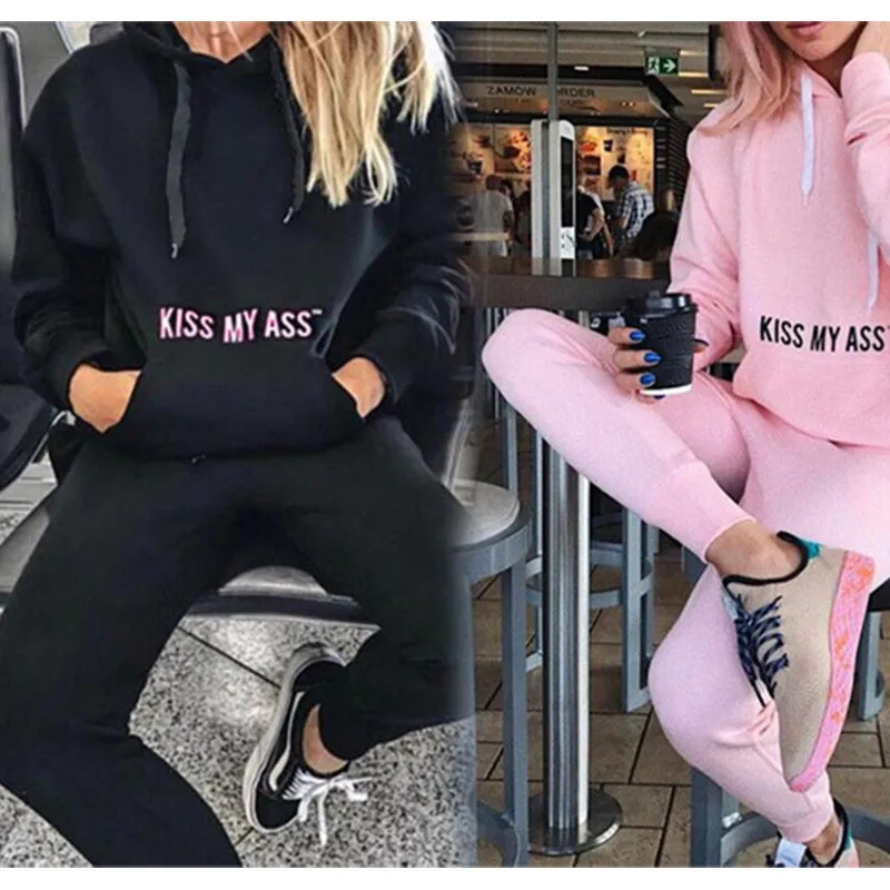 

2 Pieces Set Women Letter Print Hooded Tracksuit Spring Female Streetwear Clothes Sweatshirt Long Pants 2019 Black Sport Suit