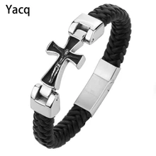 Черные кожаные Крестик с распятием мужской кожаный браслет Нержавеющая сталь ювелирные подарки на день отца, матери, дочери и сына бойфренда дропшиппинг " D108