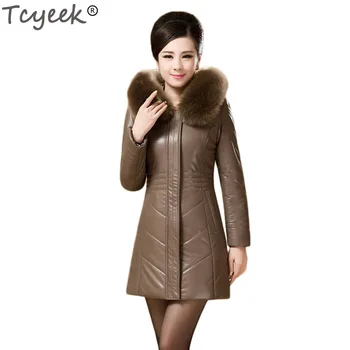 

Tcyeek 2020 New Woman's Genuine Leather Clothing Suede Long Plus Leather Fur Collar Parka Woman Ladies Winter Coat WC0008
