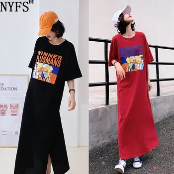 

NYFS Summer dress 2020 New Loose large size Extra long dress Vestidos Robe Elbise Fashion short sleeve print Women dress