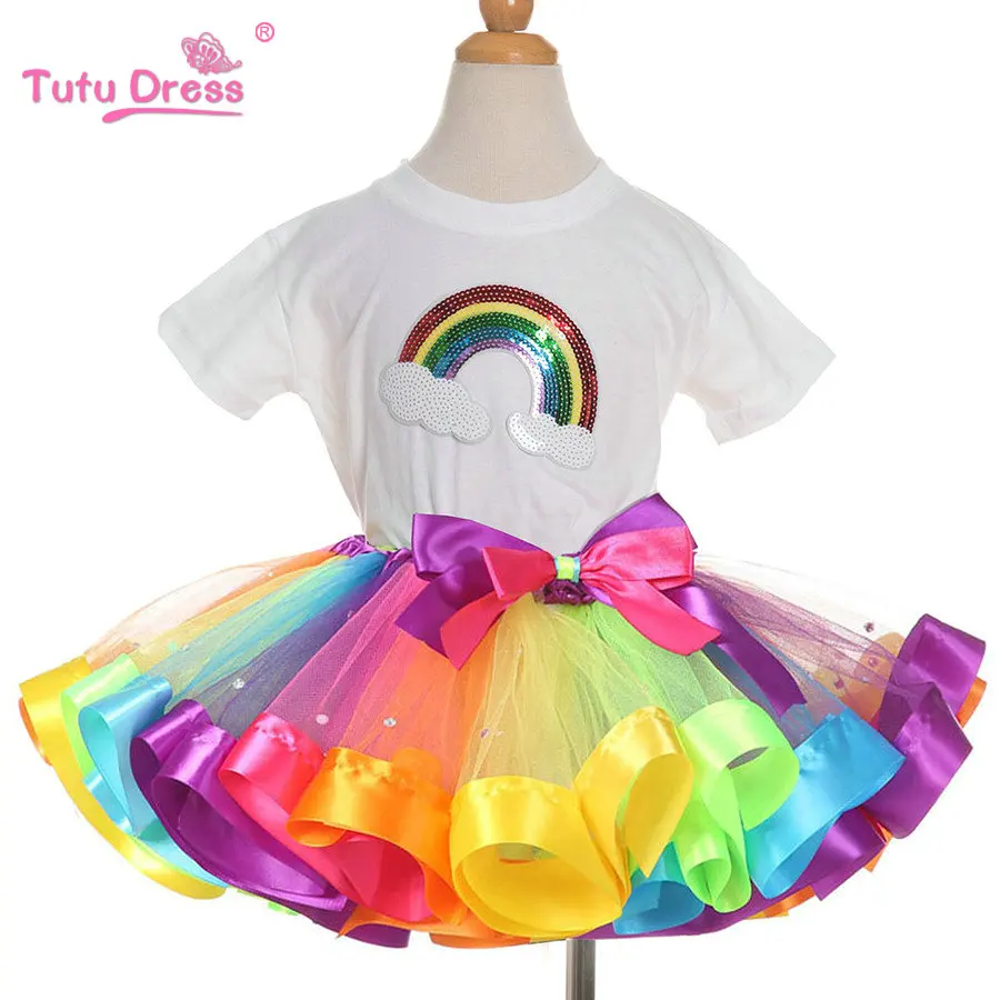 Summer Girls Clothing Sets Rainbow Casual Cotton Short Sleeve T-shirt+Rainbow Tutu Skirts Children Kids Girl Clothes 2pcs Set Summer Girls Clothing Sets Rainbow Casual Cotton Short Sleeve T-shirt+Rainbow Tutu Skirts Children Kids Girl Clothes 2pcs Set