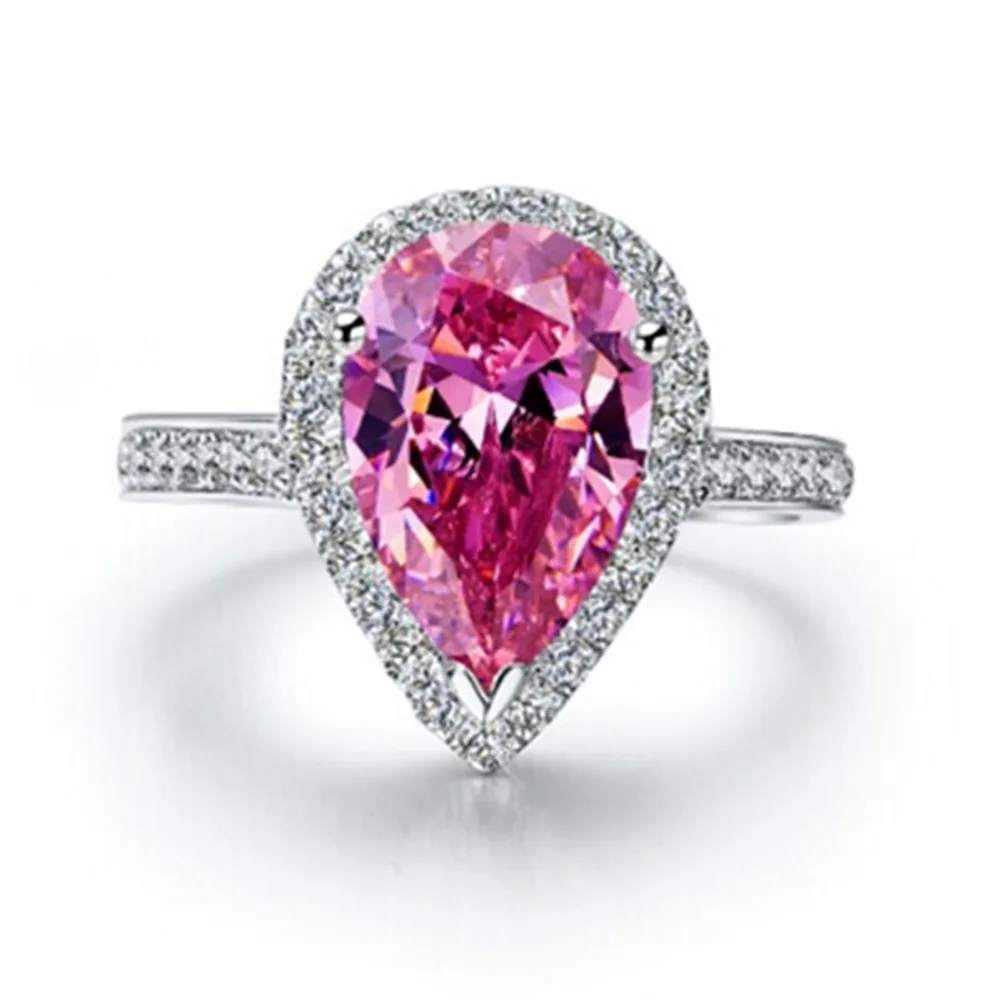 

7*11 Wholesale 3ct Pear Cut Drop Shape Simulate Diamond Pink Ring 925 Engagement Ring Sterling Silver 18K White Gold Plated Ring
