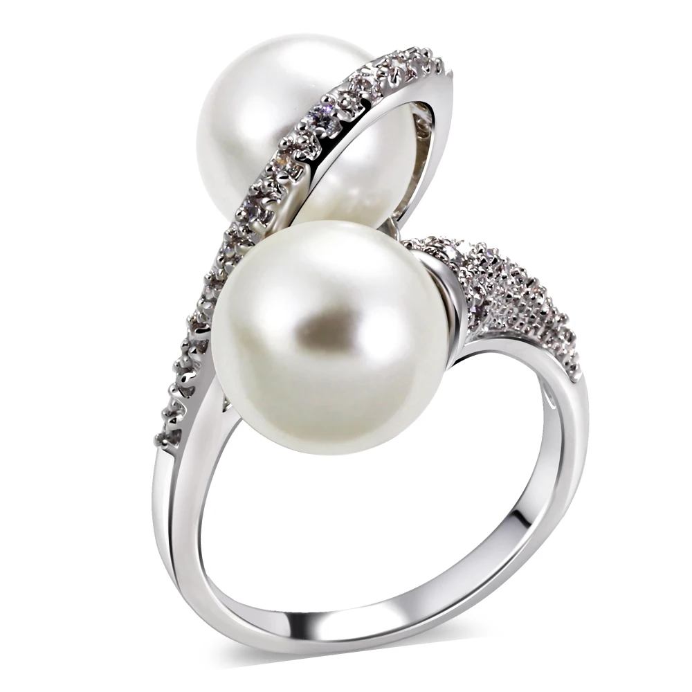 Nice women Ring rhodium plated with Cubic zircon & imitation pearl