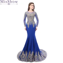 Misshow Русалка вечернее платье Королевский синий длинное торжественное платье Золотое кружевное аппликация с рукавами robe de soiree