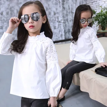 

Girls Clothes 4-12 Y Spring Autumn Long Sleeve Lace Patchwork Pullover Blouses Korean Style Fungus Lace Decor Loose Fit Blouses