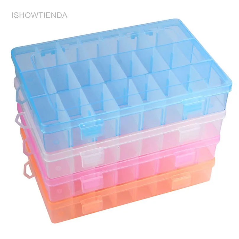 

ISHOWTIENDA 1PC Adjustable 24 Compartment Transparent Plastic Storage Box Jewelry Earring Case Small Objects Caja De Almacenaje