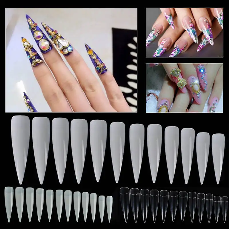 Shellhard 5 Bags/60pcs Nail Tips Clear Natural White False Nail Tips Long Acrylic Fake Nails For Nail Art Tools